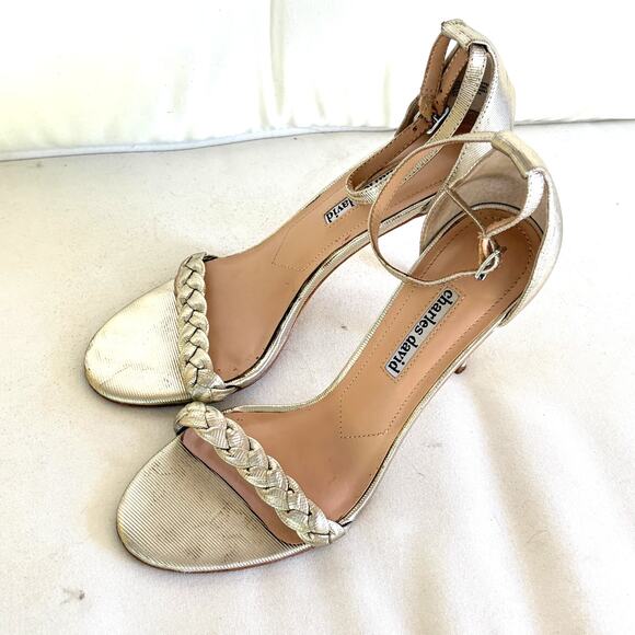 Charles David Braided Heels 8 Gold Pumps Sandals Ankle Strap Cocktail Glam - Picture 6 of 6